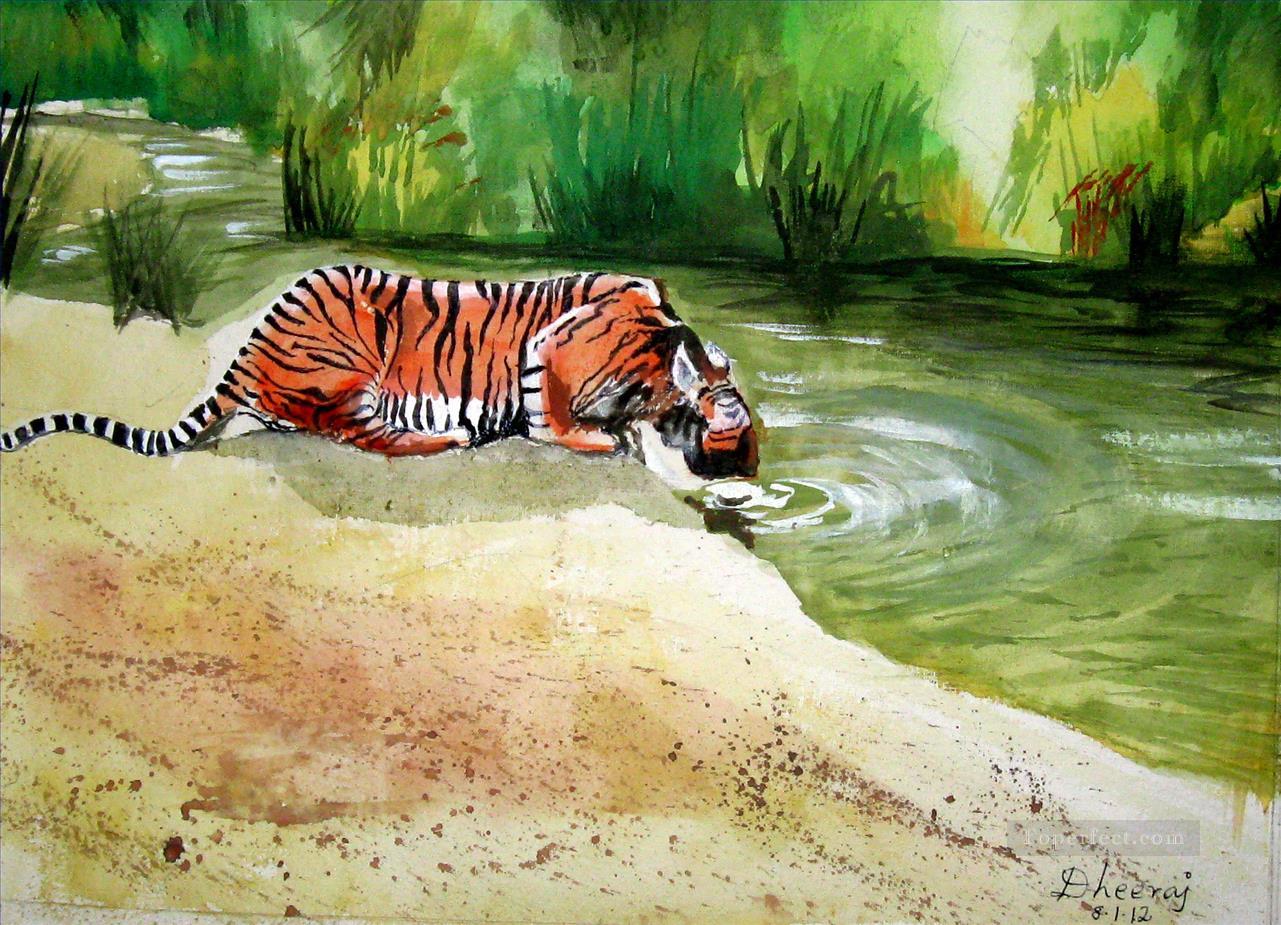 durstig Tiger Ölgemälde